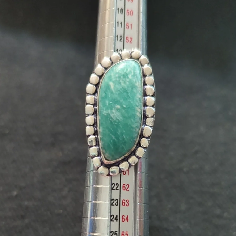 Silver Plated Teal Blue Green Amazonite Gemstone Statement Ring - size 8